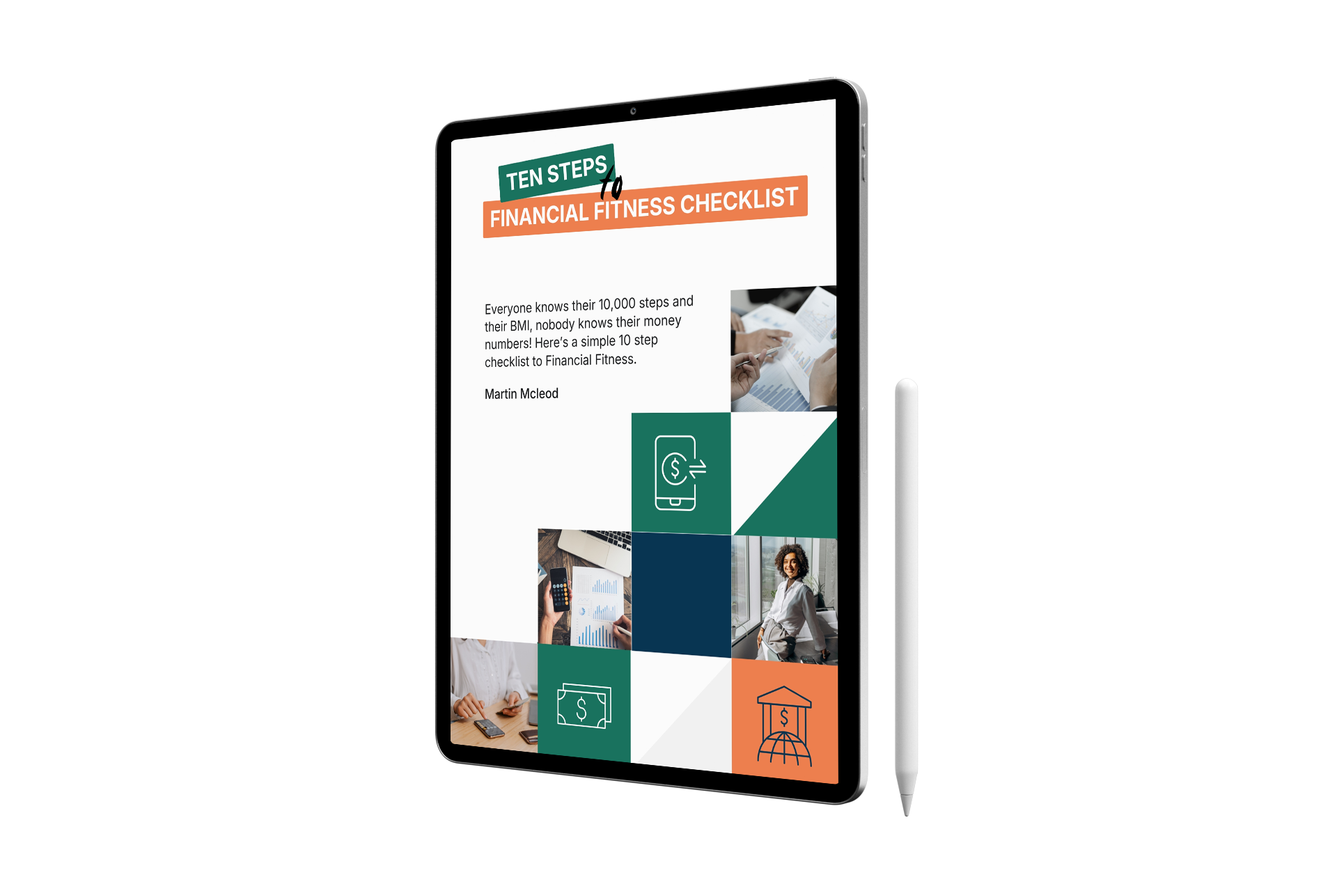 Tablet showing the Ten Steps to Financial Fitness checklist cover