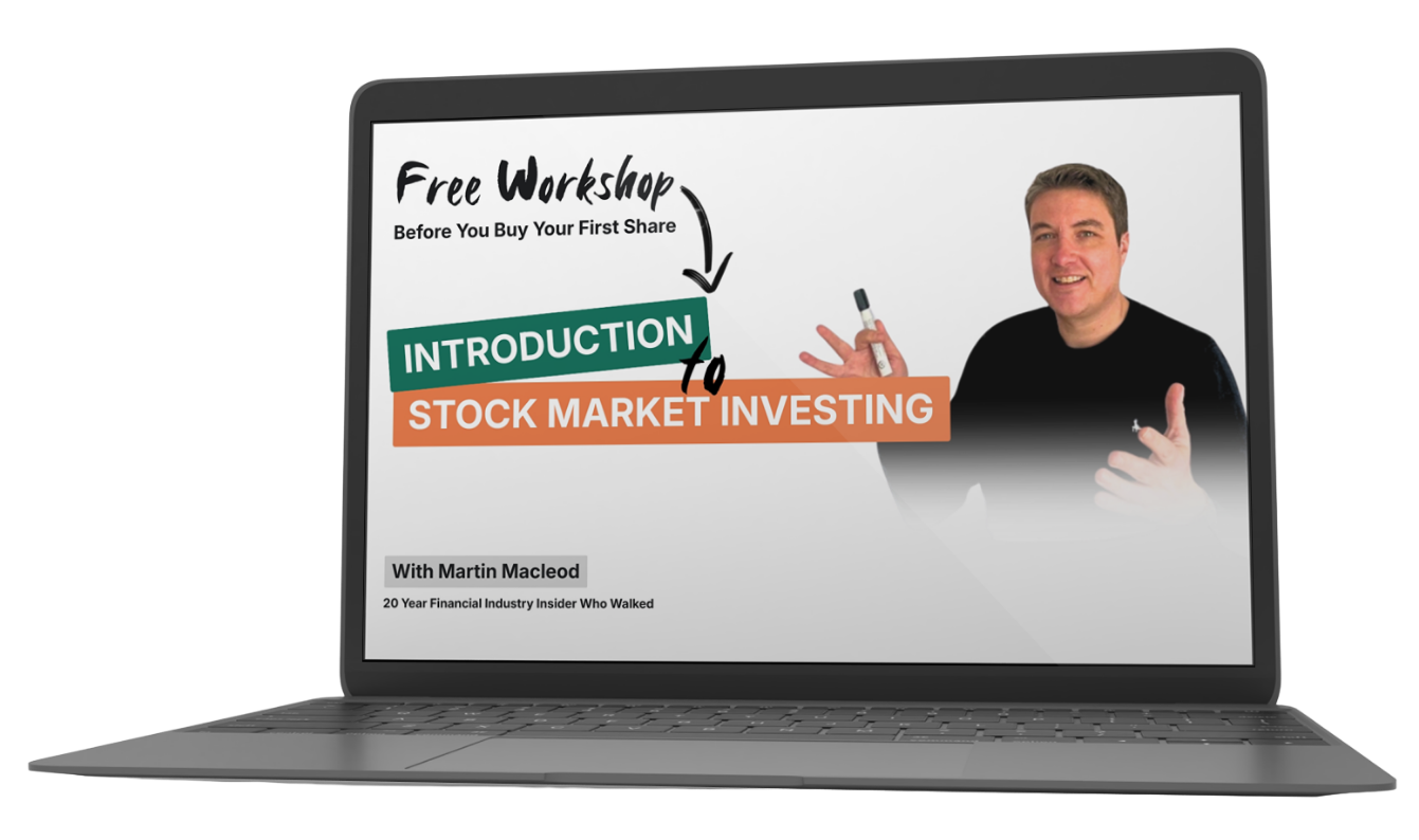Laptop showing the Introduction to Stock Market Investing free workshop slide with Martin Macleod